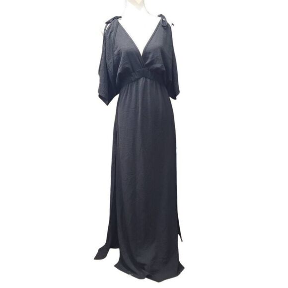 Women's Black Size XL Split-front Solid Color Loose Batwing Sleeves Deep V-Neck - Picture 1 of 5